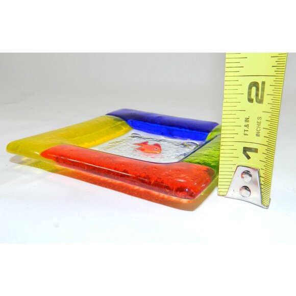 Handcrafted Colorful Glass Dish Fish Motif - 4" Square Ashtray Votive Candle - Picture 4 of 7
